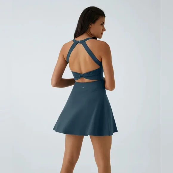 Halara Twist Back Active Dress Easy Peezy Longer Length D-F Cup Sz L Teal Blue - Picture 4 of 12